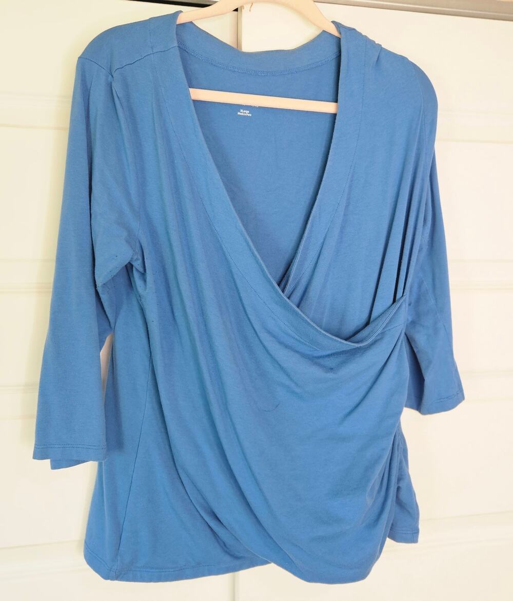 Soft Surroundings Alyssa Knit Faux Wrap Top Blue Surplice Ruched Blouse XL